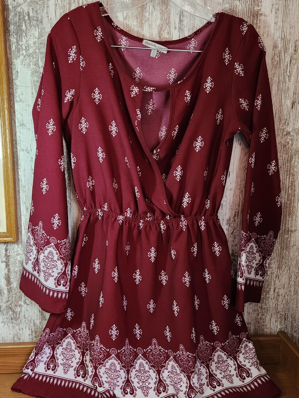 Charlotte Russe Burgundy Boho Geometric Pattern Long Sleeve Keyhole Mini Dress